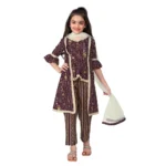 Generic Girl's Cotton Embrodrery Lace Shrug Kurti With Bottom Dupatta Set (Maroon)
