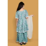 Generic Girl's Silk Blend Floral Prinded Shiffli Lace Top Sharara Dupatta Set (Teal) - Image 5
