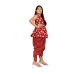 Generic Girl's Cotton Rayon Printed Top And Dhoti With Dupatta Set (Maroon) - Image 3