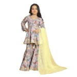 Generic Girl's Maslin Embrodrery Lace Aliya Cut Top With Sharara Dupatta Set (Baby Pink)