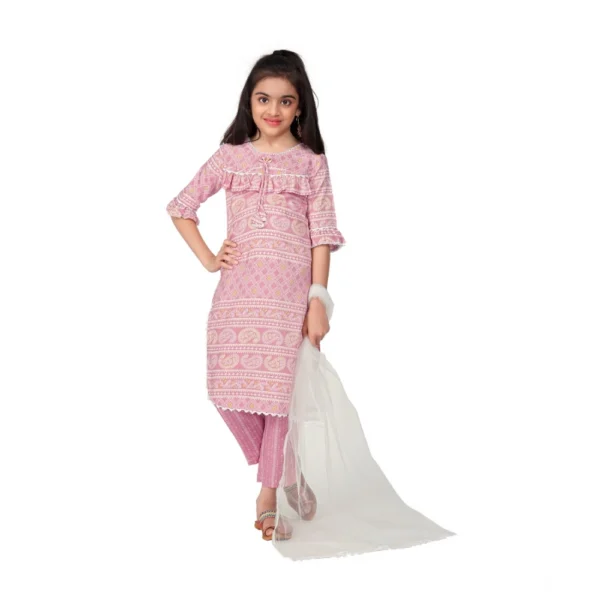 Generic Girl's Cotton Printed Kurtis With Bottom Dupatta Set (Baby Pink)