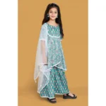Generic Girl's Silk Blend Floral Prinded Shiffli Lace Top Sharara Dupatta Set (Teal) - Image 3