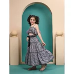 Generic Girl's Maslin Printed Crop Top And Fleared Skirt Set (Grey) - Image 4