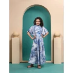 Generic Girl's Maslin Printed Maxi Length Dress (Sky Blue)