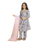 Generic Girl's Maslin Embrodrery Lace Aliya Cut Top With Bottom Dupatta Set (Grey) - Image 4