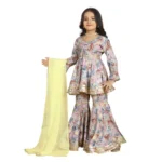 Generic Girl's Maslin Embrodrery Lace Aliya Cut Top With Sharara Dupatta Set (Baby Pink) - Image 3
