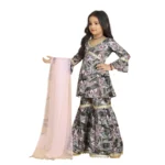 Generic Girl's Maslin Embrodrery Lace Aliya Cut Top With Sharara Dupatta Set (Grey Pink) - Image 3