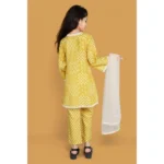 Generic Girl's Silk Blend Floral Prinded Shiffli Lace Salwar Kameez Dupatta Set (Yellow) - Image 3
