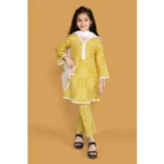 Generic Girl's Silk Blend Floral Prinded Shiffli Lace Salwar Kameez Dupatta Set (Yellow)