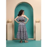 Generic Girl's Maslin Printed Crop Top And Fleared Skirt Set (Grey) - Image 5