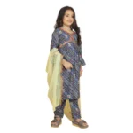 Generic Girl's Maslin Embrodrery Lace Aliya Cut Top With Bottom Dupatta Set (Blue) - Image 3