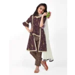 Generic Girl's Cotton Embrodrery Lace Shrug Kurti With Bottom Dupatta Set (Maroon) - Image 3