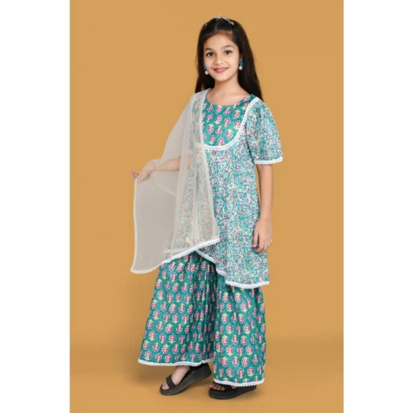 Generic Girl's Silk Blend Floral Prinded Shiffli Lace Top Sharara Dupatta Set (Teal)
