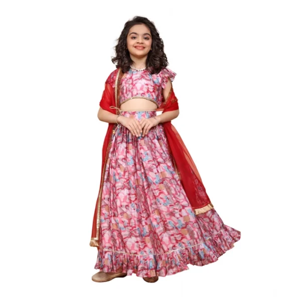 Generic Girl's Chiffon Printed Lehenga Choli Set (Pink)