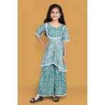 Generic Girl's Silk Blend Floral Prinded Shiffli Lace Top Sharara Dupatta Set (Teal) - Image 4