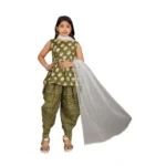 Generic Girl's Cotton Rayon Printed Top And Dhoti With Dupatta Set (Green) - Image 3