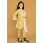 Generic Girl's Silk Blend Floral Prinded Shiffli Lace Salwar Kameez Dupatta Set (Yellow) - Image 4