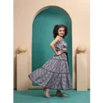 Generic Girl's Maslin Printed Crop Top And Fleared Skirt Set (Grey) - Image 3