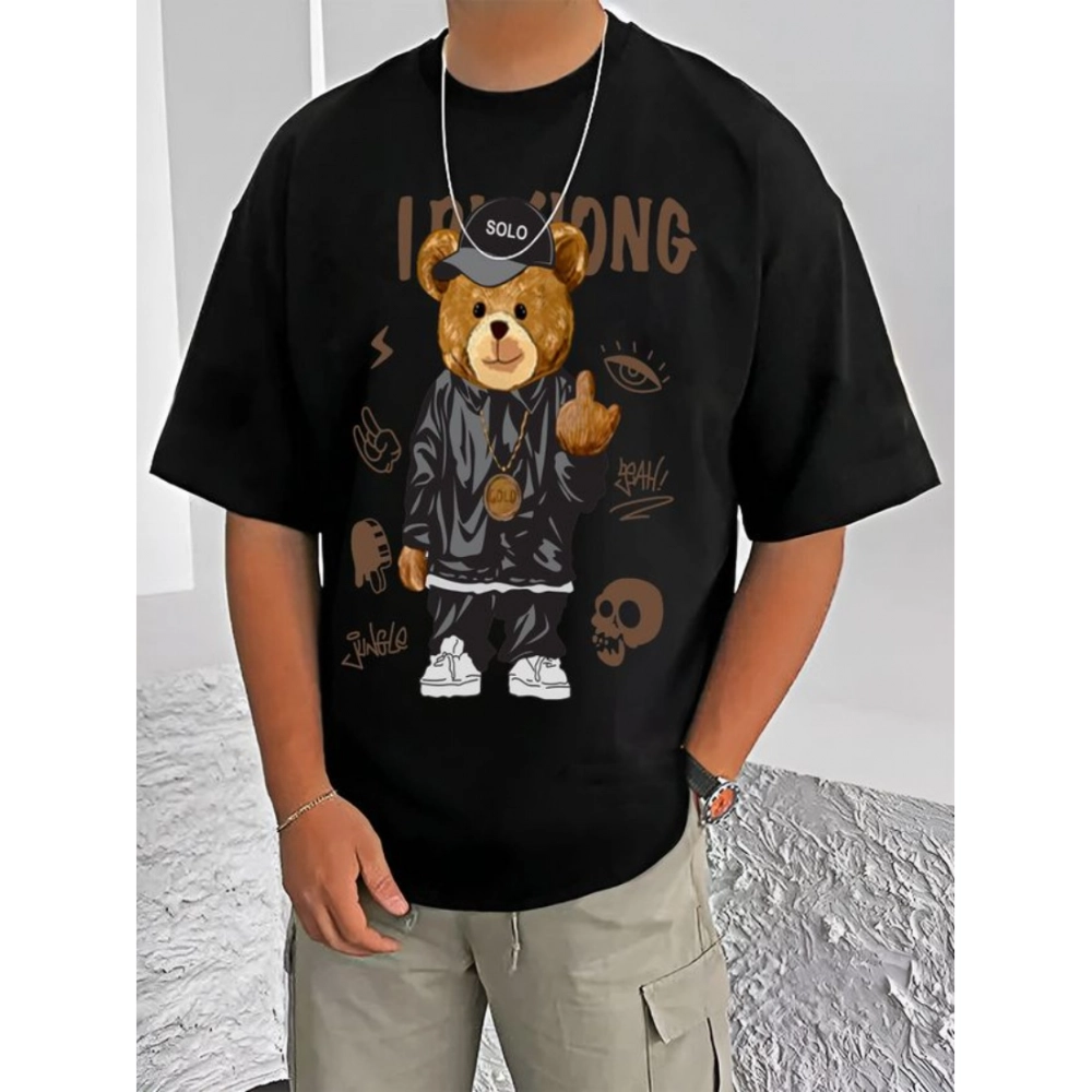 Men's Black Cotton Blend Round Neck Half Sleeve T-Shirt