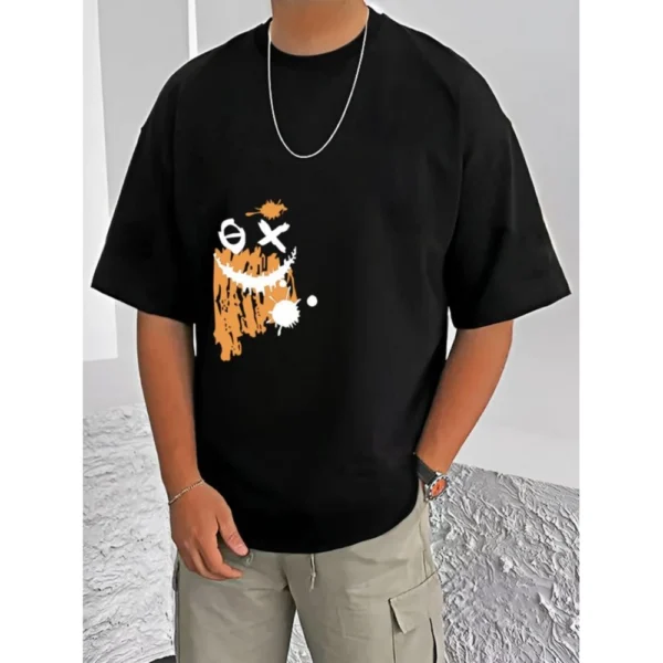 Generic Men's Casual Cotton Blend Printed Round Neck Half Sleeve T-Shirt (Black)