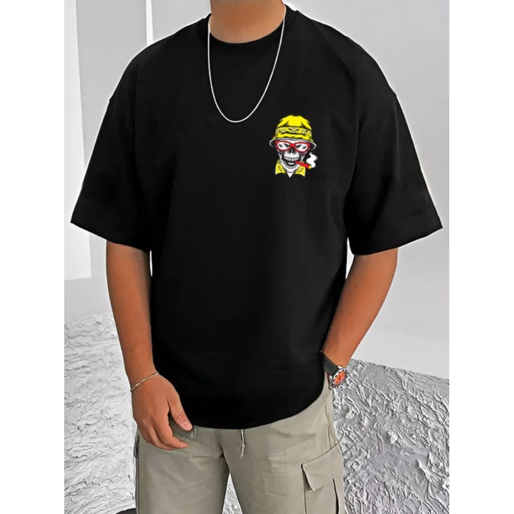 Men's Black Printed Cotton Blend Half Sleeve T-Shirt