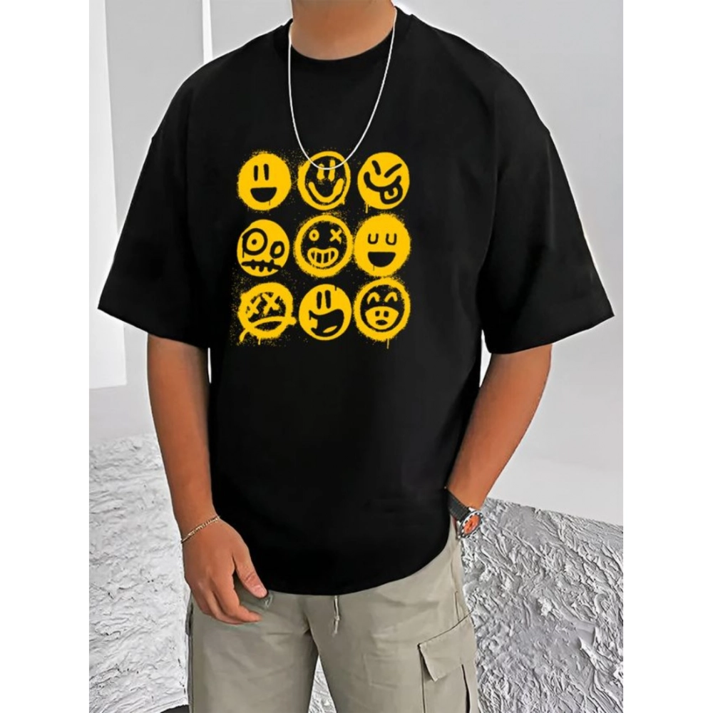 Men's Black Cotton Blend Printed Round Neck T-Shirt