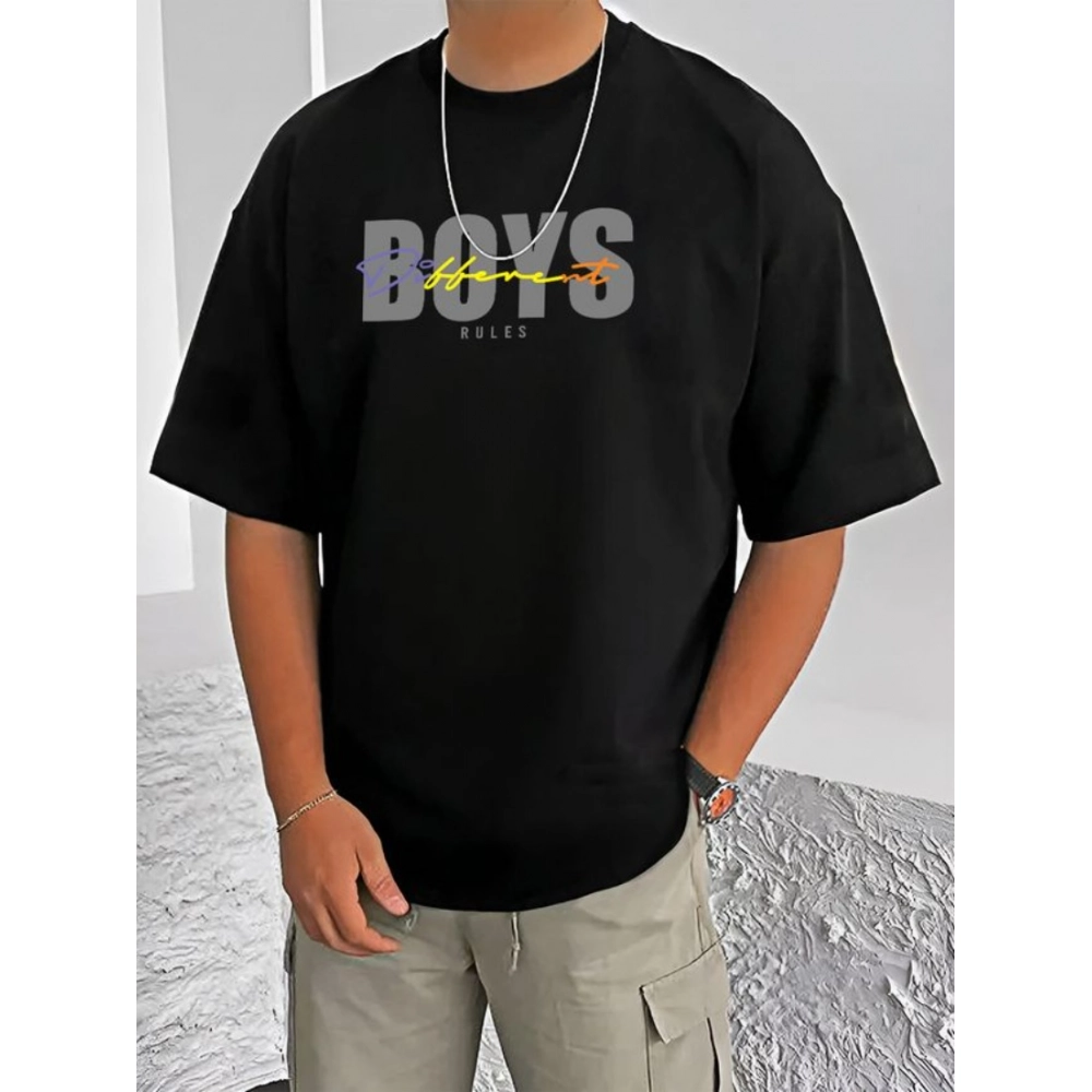 Men's Black Cotton Blend Printed Round Neck T-Shirt
