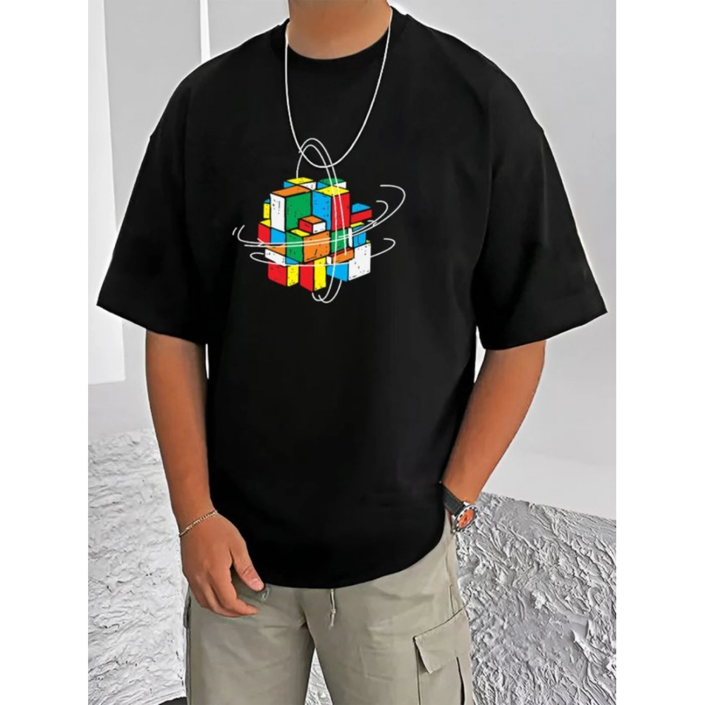 Men's Black Printed Half Sleeve Round Neck T-Shirt