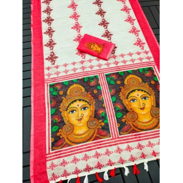 White Linen Digital Print Saree with Unstitched Blouse