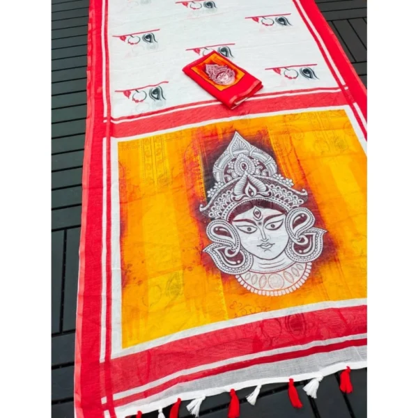 Elegant White Linen Digital Print Saree with Unstitched Blouse