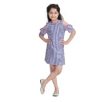 Generic Girl's Cotton Striped Cold Shoulder Round Neck Dress (Blue)