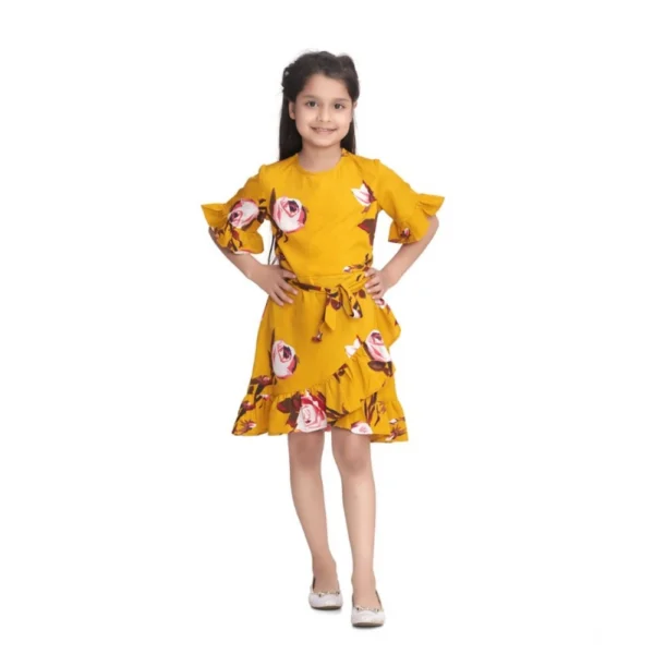 Generic Girl's Polyester Crepe Floral Printed Cold Shoulder Round Neck Dress (Mustard)