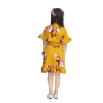 Generic Girl's Polyester Crepe Floral Printed Cold Shoulder Round Neck Dress (Mustard) - Image 2