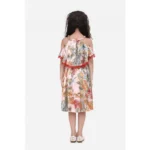 Generic Girl's Satin Floral Printed Cold Shoulder Round Neck Dress (Peach) - Image 3