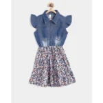 Generic Girl's Denim-Cotton Striped Flutter Shirt Collar Dress (Multicolor)