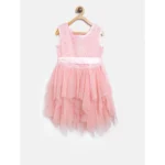 Generic Girl's Polyester  Net Embroidered Sleeveless Round Neck Dress (Peach)