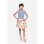 Generic Girl's Denim-Cotton Floral Printed Sleeveless Round Neck Dress (Multicolor)