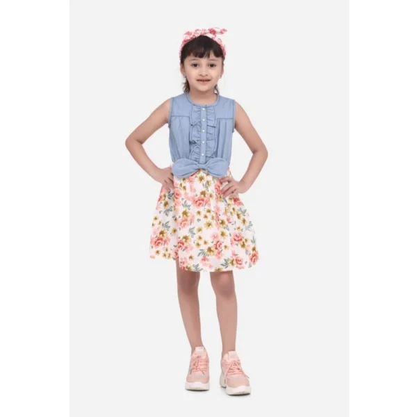 Generic Girl's Denim-Cotton Floral Printed Sleeveless Round Neck Dress (Multicolor)