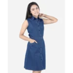 Generic Girl's Denim Solid Sleeveless Shirt collar Dress (Blue) - Image 3