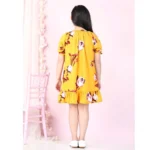 Generic Girl's Polyester Crepe Floral Printed Slit Sleeve Round Neck Dress (Yellow-Red) - Image 3