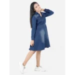 Generic Girl's Denim Solid Long Sleeve Shirt collar Dress (Blue) - Image 3