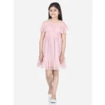 Generic Girl's Polyester Net Embellished Short Sleeve Shoulder Straps Dress (Pink)