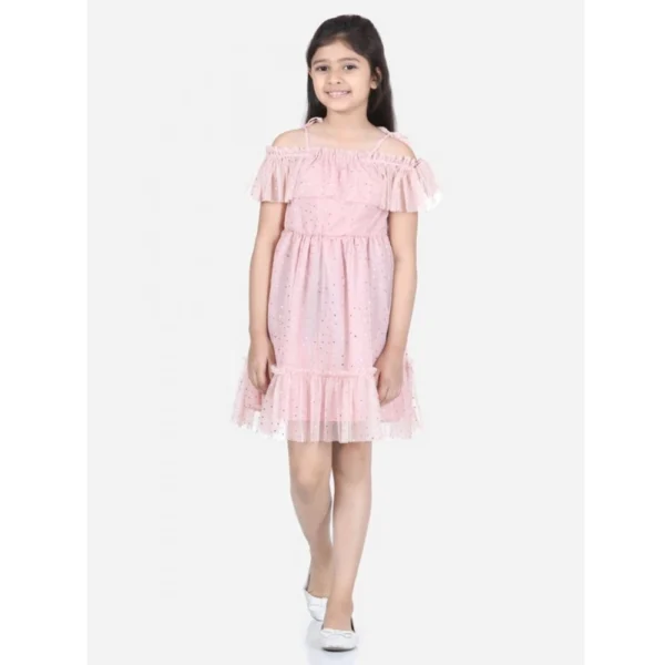 Generic Girl's Polyester Net Embellished Short Sleeve Shoulder Straps Dress (Pink)