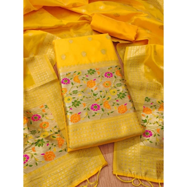 Yellow Banarasi Silk Unstitched Salwar Suit Material with Dupatta