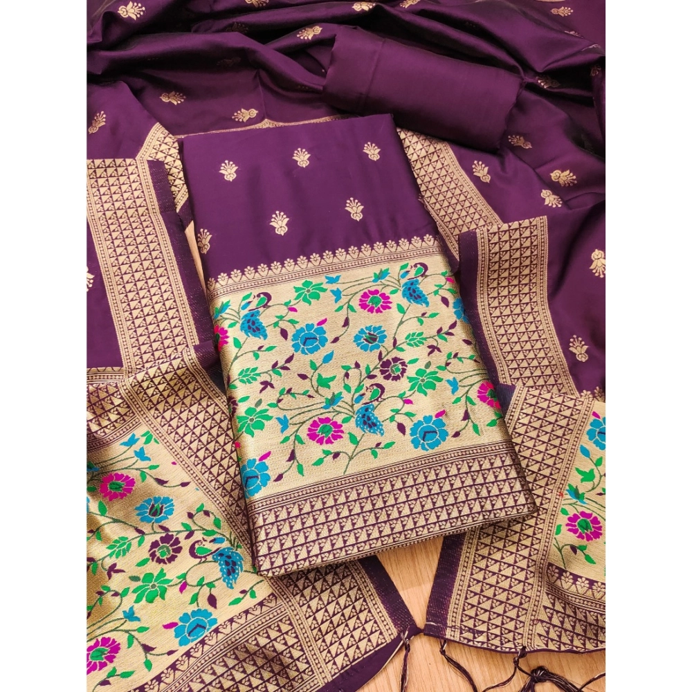 Wine Banarasi Silk Unstitched Salwar Suit Material with Dupatta