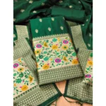 Bottle Green Banarasi Silk Unstitched Salwar Suit Material with Dupatta