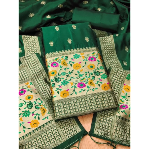 Bottle Green Banarasi Silk Unstitched Salwar Suit Material with Dupatta
