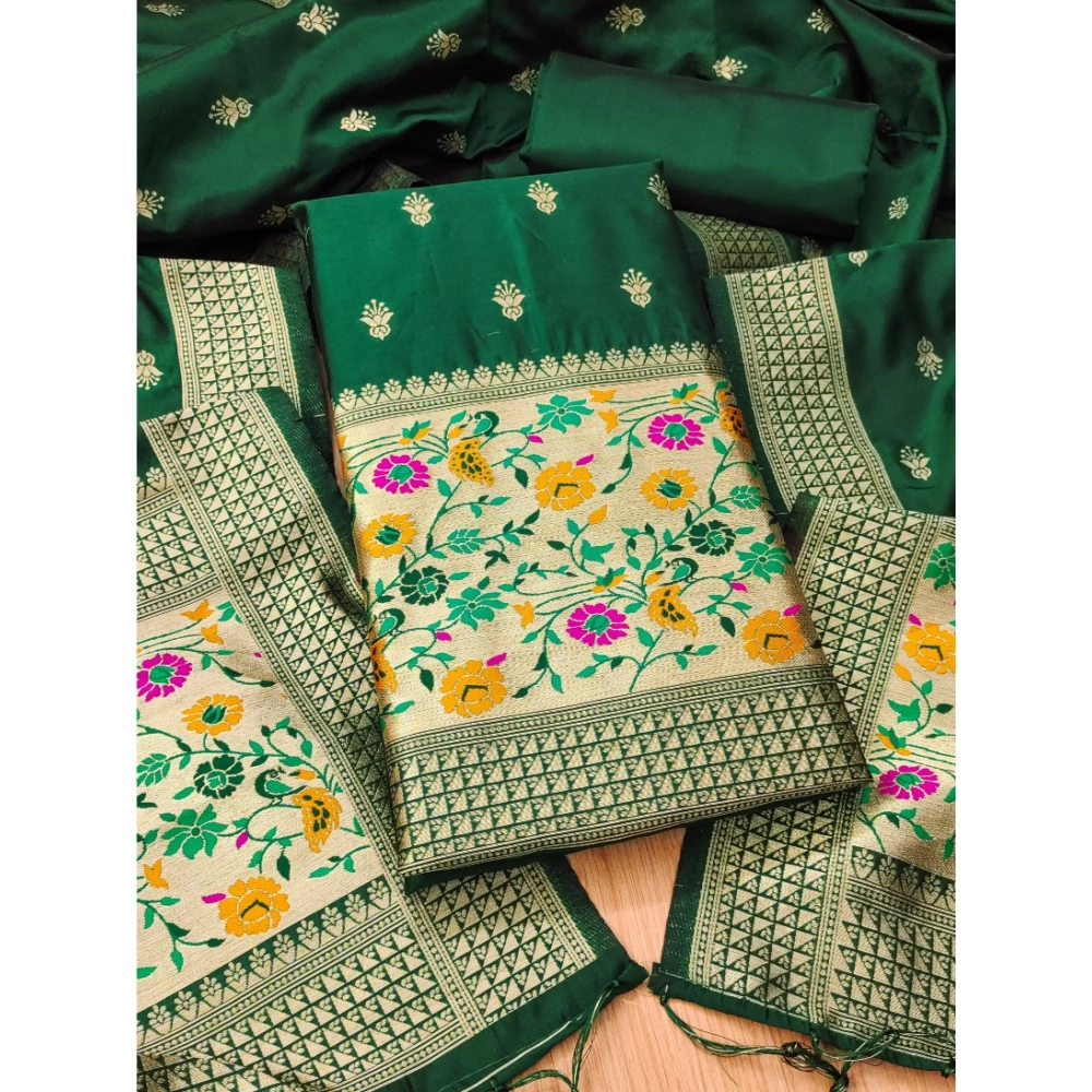 Bottle Green Banarasi Silk Unstitched Salwar Suit Material with Dupatta