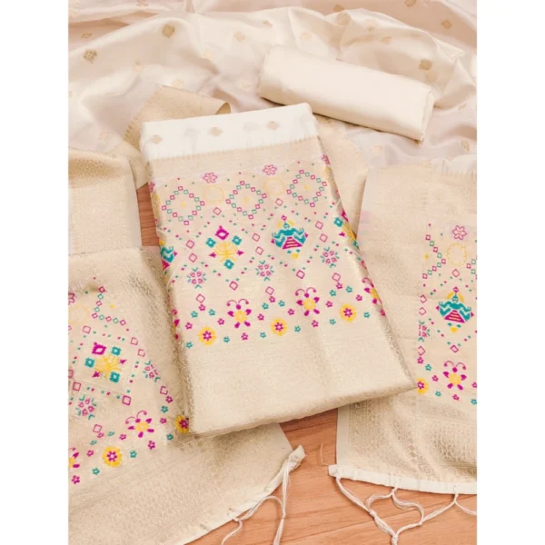 White Banarasi Silk Unstitched Salwar Suit Material with Dupatta