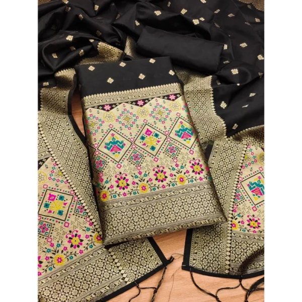 Black Banarasi Silk Unstitched Salwar Suit Material with Dupatta